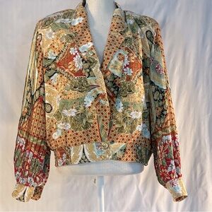 Howard Wolf Vintage Jacket Satin Asian Print Pleated Sleeve Smocked Waist EUC 10